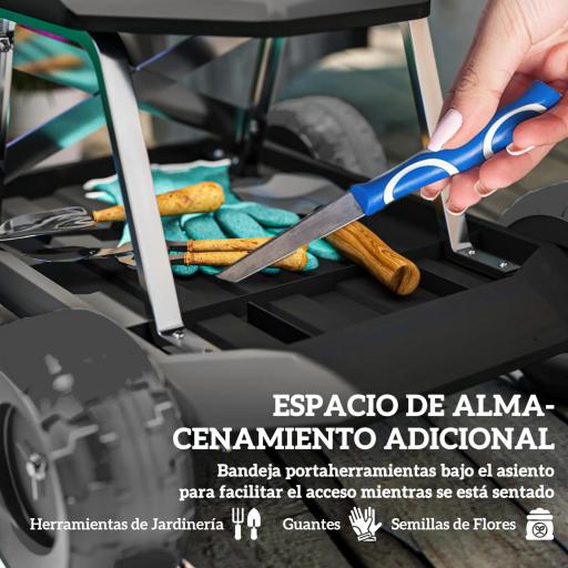 Asiento de Jardín con Ruedas Taburete de Jardinería con Bandeja de Herramientas Carga 130 kg 50x49x32 cm Negro [4]