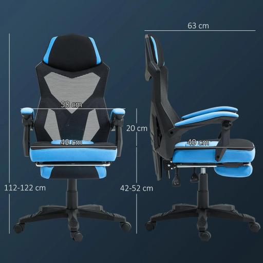 Silla Gaming con Reposapiés Altura Regulable y Respaldo Reclinable 135° 58x63x112-122 cm Azul y Negro [6]