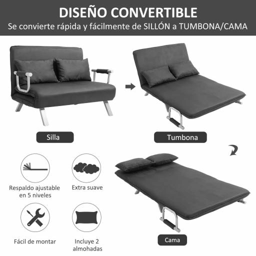 Sofá Cama de 2 Plazas con Respaldo Ajustable en 5 Posiciones Tapizado con Tacto de Ante y Cojines 111x80x78 cm Gris [2]