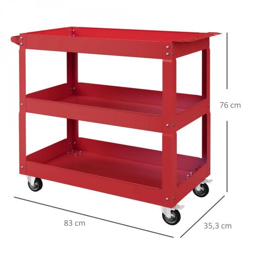 Carro de Taller de Acero con 3 Estantes de Almacenamiento y Asa Lateral Carga 150 kg 83x35,3x76 cm Rojo [1]