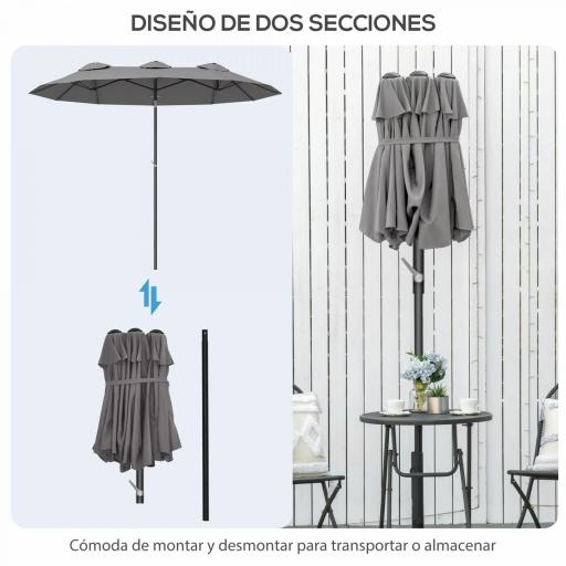 Sombrilla Doble de Jardín 295x152x222 cm con Inclinación de 45° y Manivela para Terraza Balcón Piscina Color Gris [6]