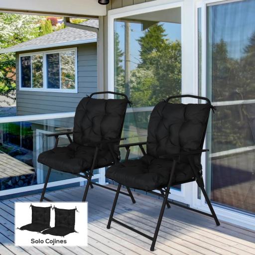 Conjunto de 2 Cojines para Silla 50x98x8 cm con Respaldo 6 Cordones de Fijación para Jardín Terraza Balcón Negro