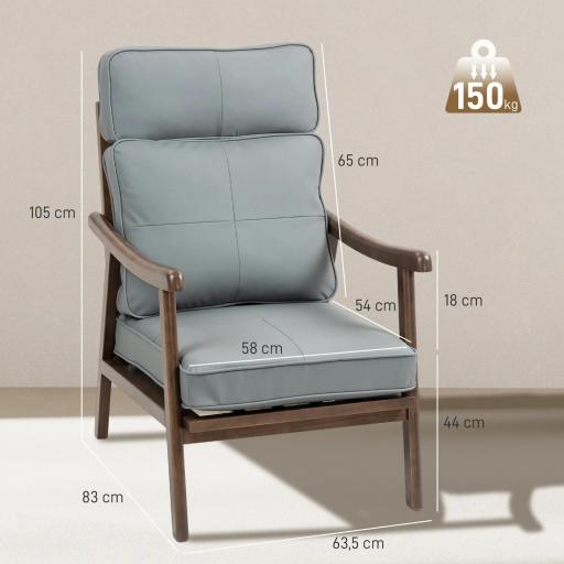 Sillón de Salón Tapizado en PU con Marco de Madera Cojines Acolchados Gruesos Gris y Madera Nogal [1]