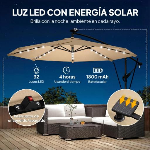 Parasol Excéntrico con Luces LED Solares 330x295 cm Sombrilla Jardín con Base Cruzada Manivela Funda Protectora Caqui [2]