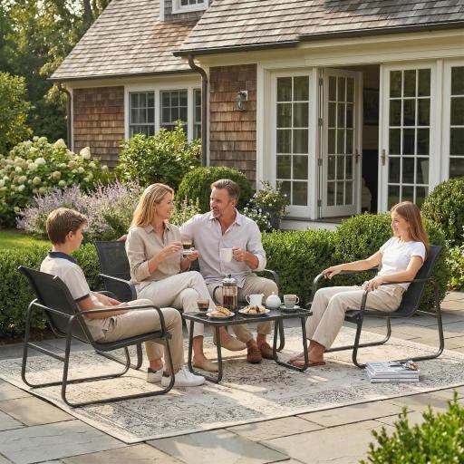 Conjunto Jardín Exterior de 4 Piezas con Sofá de 2 Plazas 2 Sillones Mesa de Vidrio Templado Tela Textilene Gris Oscuro [0]