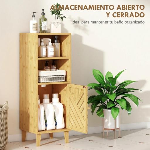 Armario de Baño Estrecho Mueble Auxiliar de Baño con 2 Estantes Abiertos Puerta y Patas de Bambú 32x30x90 cm Natural [2]