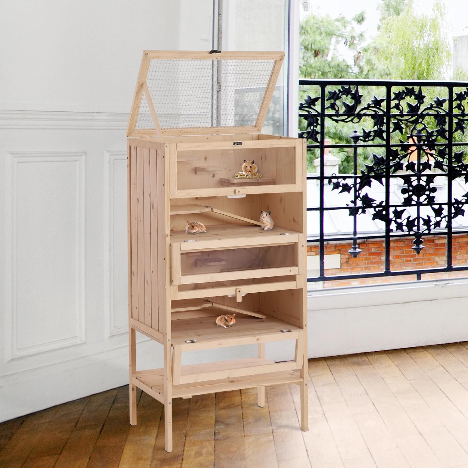 Jaula de Madera para Hámster Ratones Animales Pequeños y Roedores Tipo Casa Conejera con Techo Abatible 5 Pisos 10 Plataformas y 3 Escaleras 60x40x120 cm