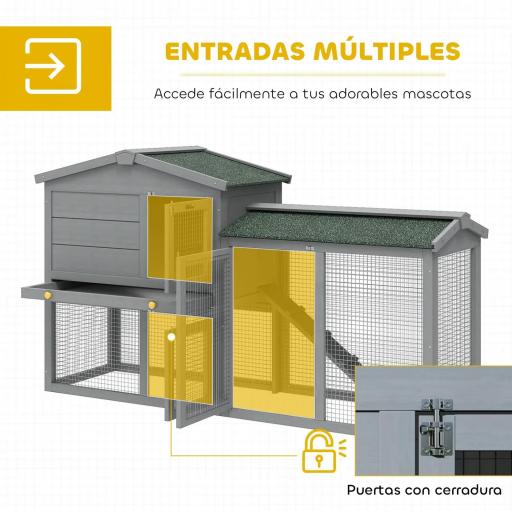 Conejera de Madera de 2 Niveles con Techo Asfáltico Bandeja Extraíble y Escalera para Exterior 150x45x85 cm Gris [5]