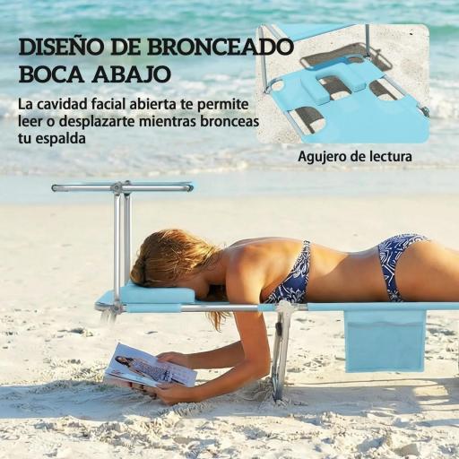 Set de 2 Tumbonas Plegables Reclinables con Dosel 360° Orificio Facial Bolsillo Lateral y Textilene 550 g/m² Azul [6]