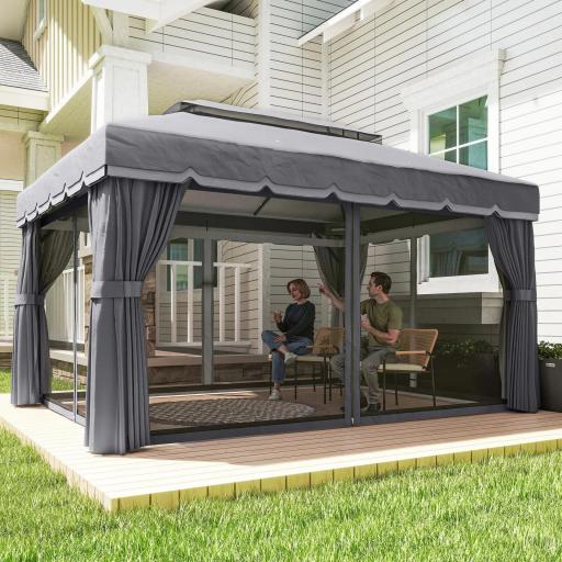 Cenador de Jardín 4x3m Pabellón de Jardín Gazebo con Doble Techo 4 Cortinas y Mosquitera Marco de Aluminio UPF50+ Gris [6]