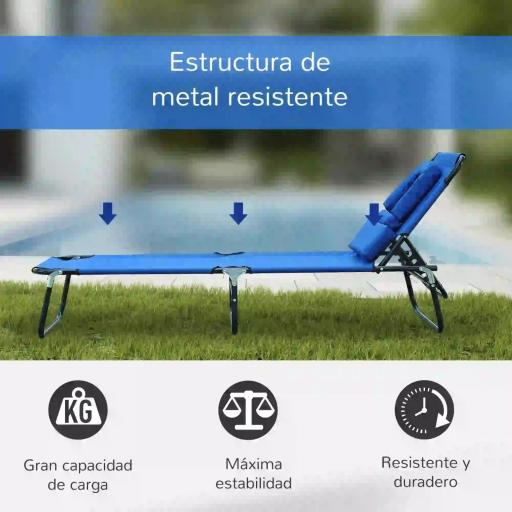 Tumbona Plegable con Respaldo Regulable en 4 Posiciones Tumbona de Jardín con Orificio de Lectura Almohada Marco Metálico y Tela Oxford para Playa Terraza Carga 120 kg 190x56x28 cm Azul [2]