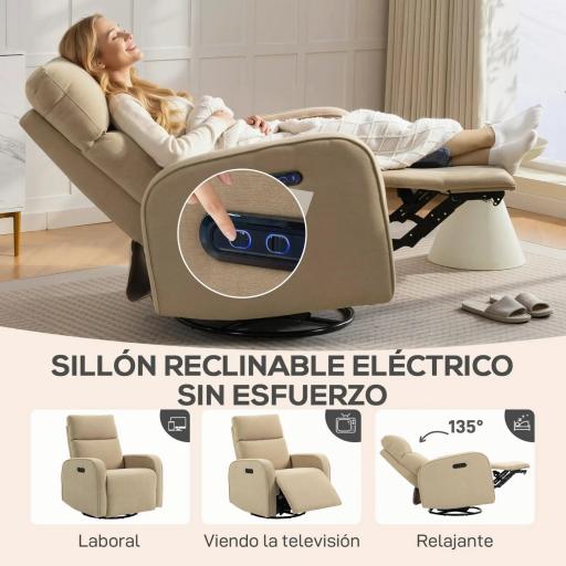 Sillón Relax Reclinable Eléctrico Giratorio y Balancín con Doble Motor Reposacabezas Ajustable Puertos USB Reposapiés [4]