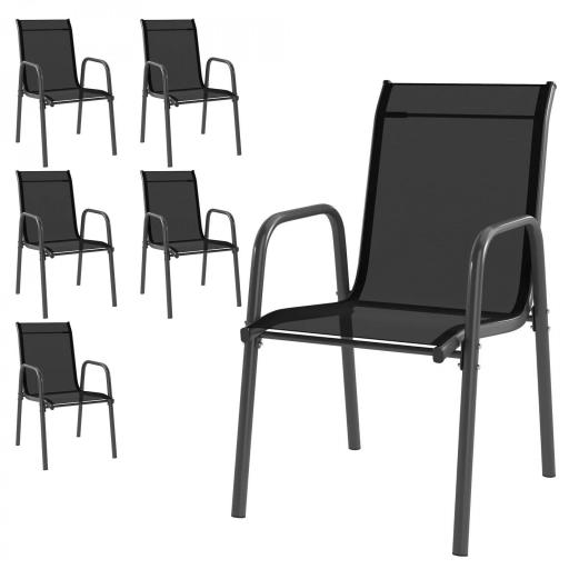 Juego de 6 Sillas de Jardín Exterior Apilables con Reposabrazos Asiento y Respaldo de Malla Estructura de Metal Negro [8]