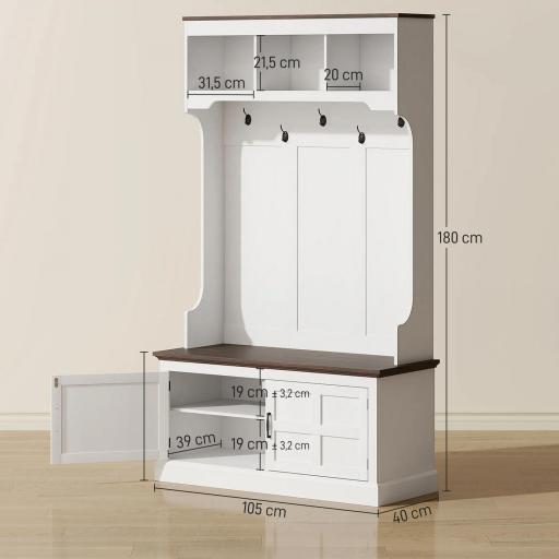 Perchero Zapatero con Banco Zapatero Ganchos Estantes y Compartimentos para Entrada Pasillo Salón 105x40x180 cm Blanco [1]