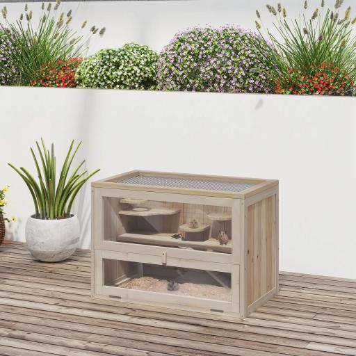Jaula para Hámster de Madera de 2 Niveles Casa para Animales Pequeños con Plataformas Escaleras 60x35x42 cm Madera Natural [6]