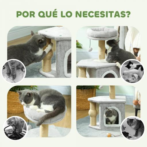 Árbol para Gatos Altura 66 cm Torre para Gatos con Cama Cueva Plataforma Bola Colgante y Poste de Yute Gris Claro [3]