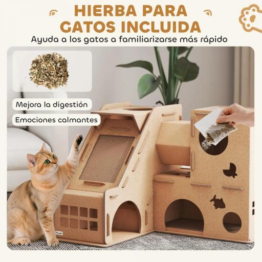 Casa para Gatos de Cartón Forma Castillo 2 Niveles con 3 Zonas de Rascado Túnel Rampa Incluye Hierba Marrón [5]