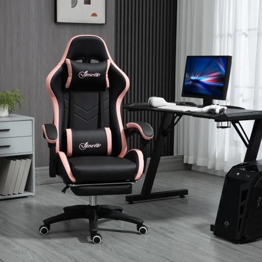 Silla Gaming Silla Gamer de Cuero PU Reclinable 135° Reposacabezas y Reposapiés 65x65x121-129 cm Negro y Rosa