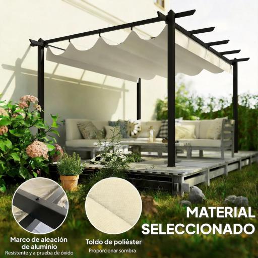 Pérgola de Jardín 4x3 m con Techo Retráctil Estructura de Aluminio UPF30+ Orificios de Drenaje Pabellón Exterior Crema [3]