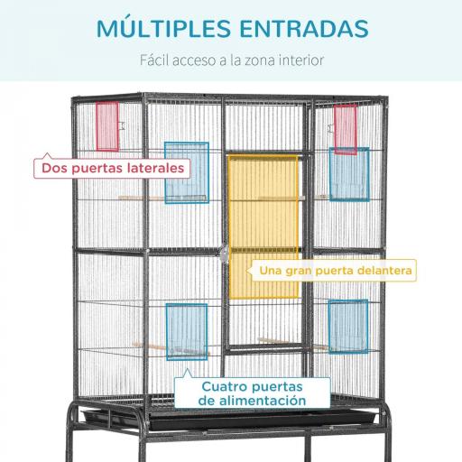 Jaula para Pájaros con Ruedas Pajarera Metálica con Perchas Comederos y Estante 81x48x162,5 cm Negro y Gris [5]