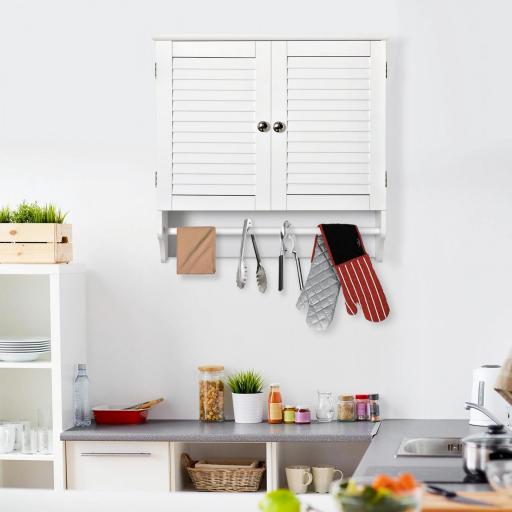 Armario Baño de Pared con 2 Puertas de Persiana Estante Interior y Barra de Toallero Mueble Auxiliar Suspendido Moderno Multiusos para Cocina 60x23x60 cm Blanco [9]