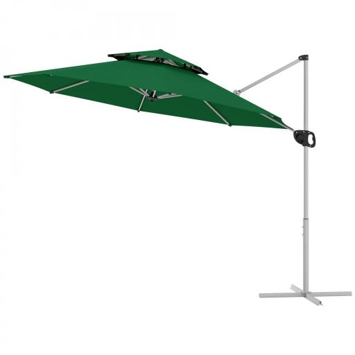 Parasol Excéntrico Ø292 cm con Manivela Giro 360° Inclinación Ajustable Doble Techo y Base Cruzada Verde Oscuro [10]