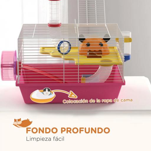 Jaula para Hámster con Cuenco Bebedero Rueda de Ejercicio Torre de Observación y Casita 34x27x25 cm Rosa [6]
