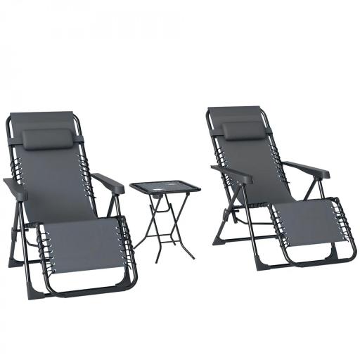 Set de 2 Tumbonas Jardín Exterior Plegables de Gravedad Cero con Mesa Auxiliar con Portavasos Reposacabezas Gris [9]