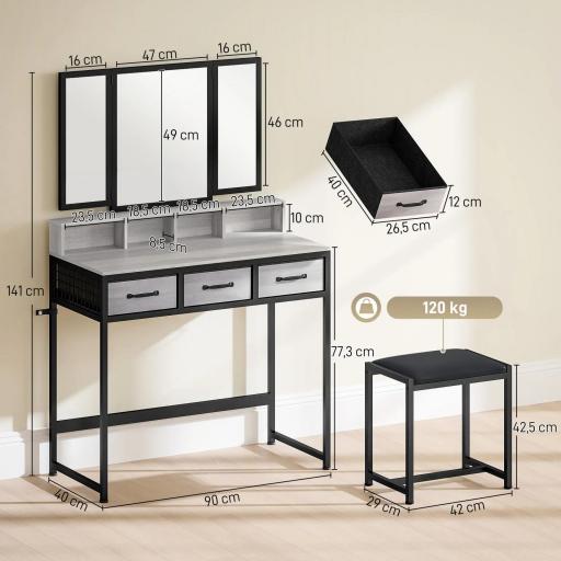 Tocador de Maquillaje con Espejo Tríptico Desmontable Taburete 3 Cajones de Tela Soporte para Secador de Pelo Gris [1]