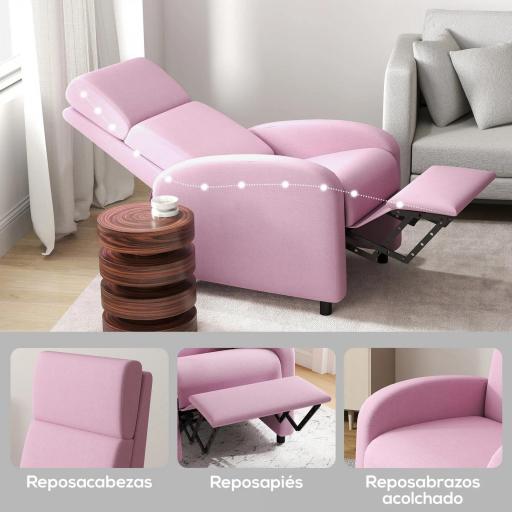 Sillón Relax Reclinable hasta 160° Sofá Reclinable Moderno con Reposapiés Soporta hasta 120 kg 64x86x102 cm Rosa [3]