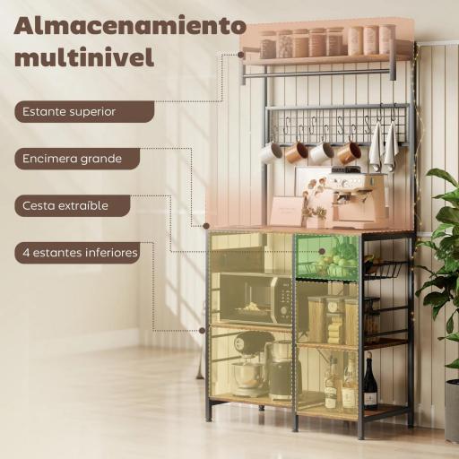 Estantería de Cocina con Tres Enchufes y Luces LED Industrial con Estantes para Microondas 80x42x162 cm Marrón Rústico [5]