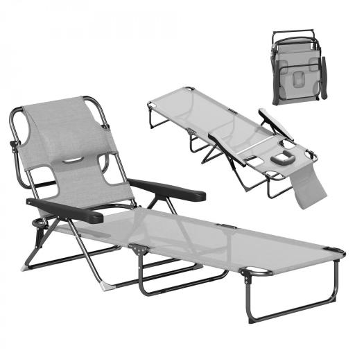 Tumbona Plegable Respaldo Ajustable Orificio de Lectura Reposacabezas y Brazos Carga 120 kg 145x72x89 cm Gris Oscuro [9]