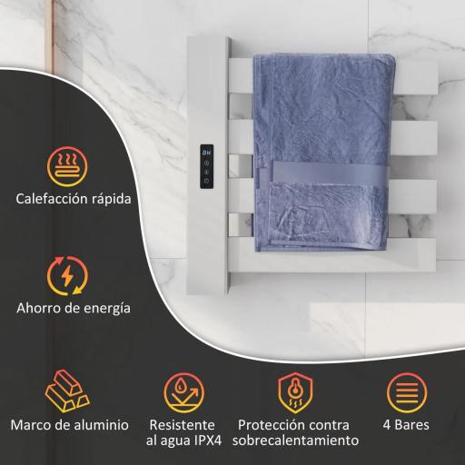 Toallero Eléctrico de Pared para Baño con 4 Barras Calentamiento Rápido Wi-Fi y Pantalla Táctil 47,5x9,5x49 cm Blanco [4]