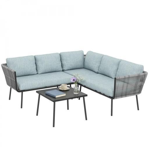 Conjunto de Muebles de Ratán de Exterior Sofá de Esquina con Cojines y Mesa de Centro para Terraza Patio Azul Claro [8]