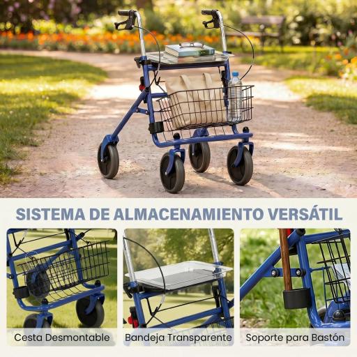 Andador para Ancianos Plegable con Asiento 4 Ruedas Altura Ajustable Frenos de Maneta Cesta Bandeja Porta Bastón Azul [6]