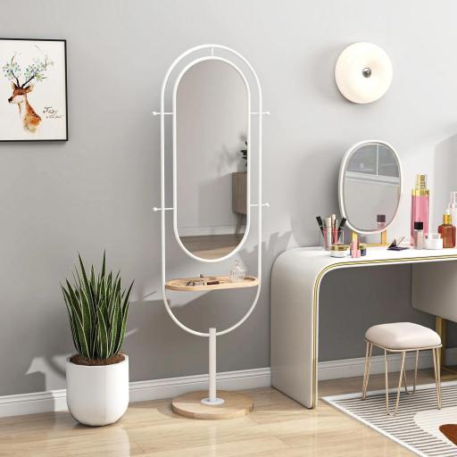 Espejo de Cuerpo Entero 175,5x50 cm con Bandeja de Madera 4 Ganchos y Marco de Metal para Salón Dormitorio Blanco [6]