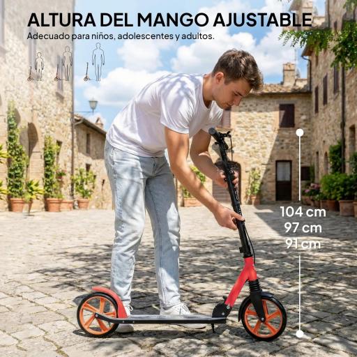 Patinete Plegable para Adultos y Niños de +14 Años Scooter con Manillar Ajustable 91,5x36,5x91-104 cm Rojo [3]