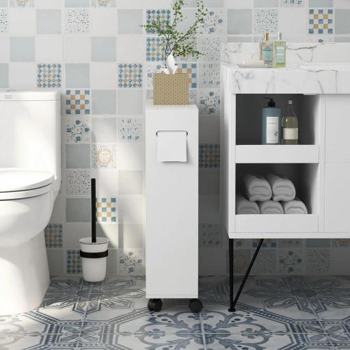 Armario de Baño Mueble Auxiliar con 4 Ruedas 2 Agujeros para Papel 2 Armarios y Estantes Ajustables 52x17x67 cm Blanco [6]