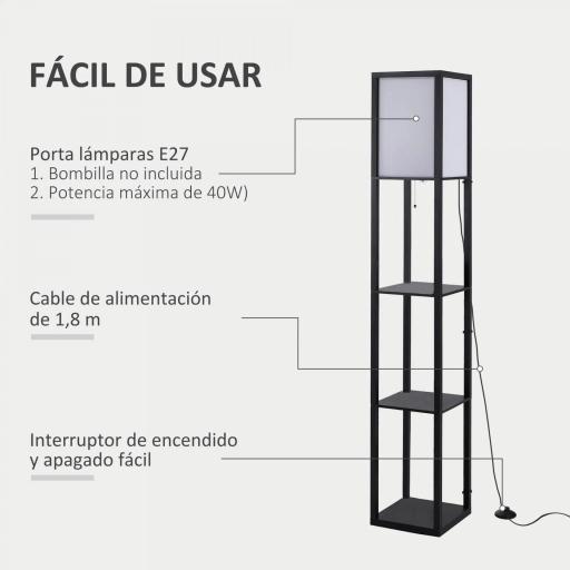 Lámpara de Pie de Madera con 3 Estantes de Almacenaje para Bombilla E27 Potencia Máx. 40W Lámpara Moderna para Salón Dormitorio 26x26x160 cm Negro y Blanco [4]