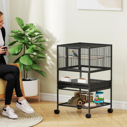 Jaula para Pájaros con Paneles Acrílicos Comederos Soporte Ruedas y Estante Inferior 48x46x83 cm Negro