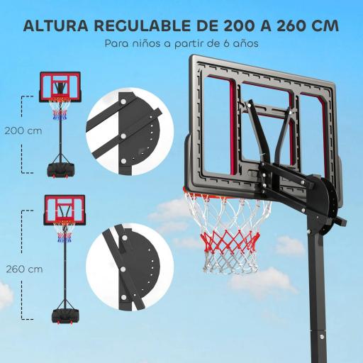 Canasta de Baloncesto Infantil con Altura Ajustable 200-260 cm Ruedas Base Rellenable y Bolsa de Peso Rojo y Negro [2]