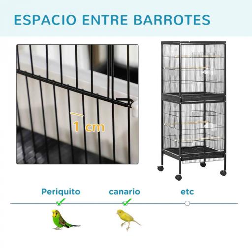 Jaula para Pájaros de 2 Niveles con Ruedas Bandejas Extraíbles Puertas Comederos Perchas 51,5x50x140 cm Negro [3]