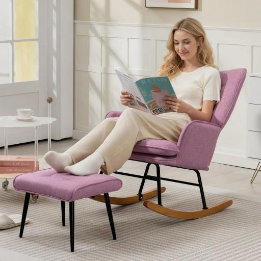 Silla Mecedora con Reposapiés con Cojín Acolchado Reposabrazos Respaldo Alto Patas de Madera Carga 130 kg Rosa