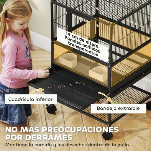 Jaula para Pájaros con Paneles Acrílicos Comederos Soporte Ruedas y Estante Inferior 48x46x83 cm Negro [2]