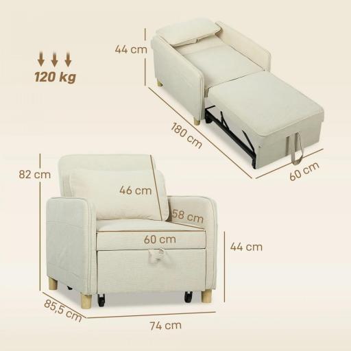 Sillón Cama Individual 3 en 1 Sofá Cama Plegable con Respaldo Ajustable y Cojín para Salón 74x85,5x82 cm Beige [1]