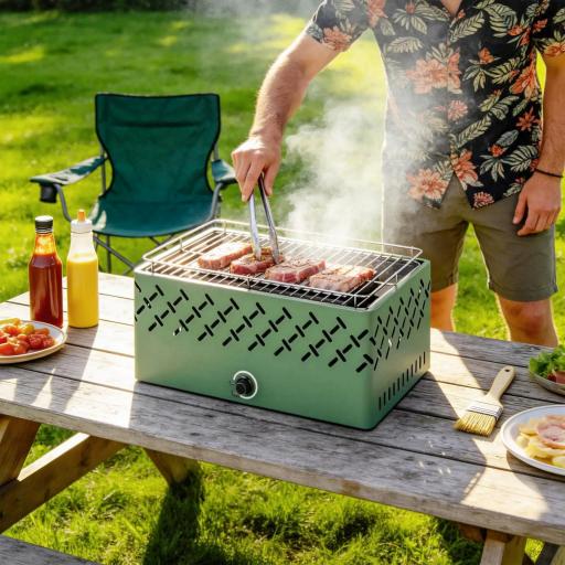 Barbacoa de Carbón 45,5x29x21 cm con Ventilador Integrado Temperatura Ajustable y Bandeja de Carbón Verde Claro [2]