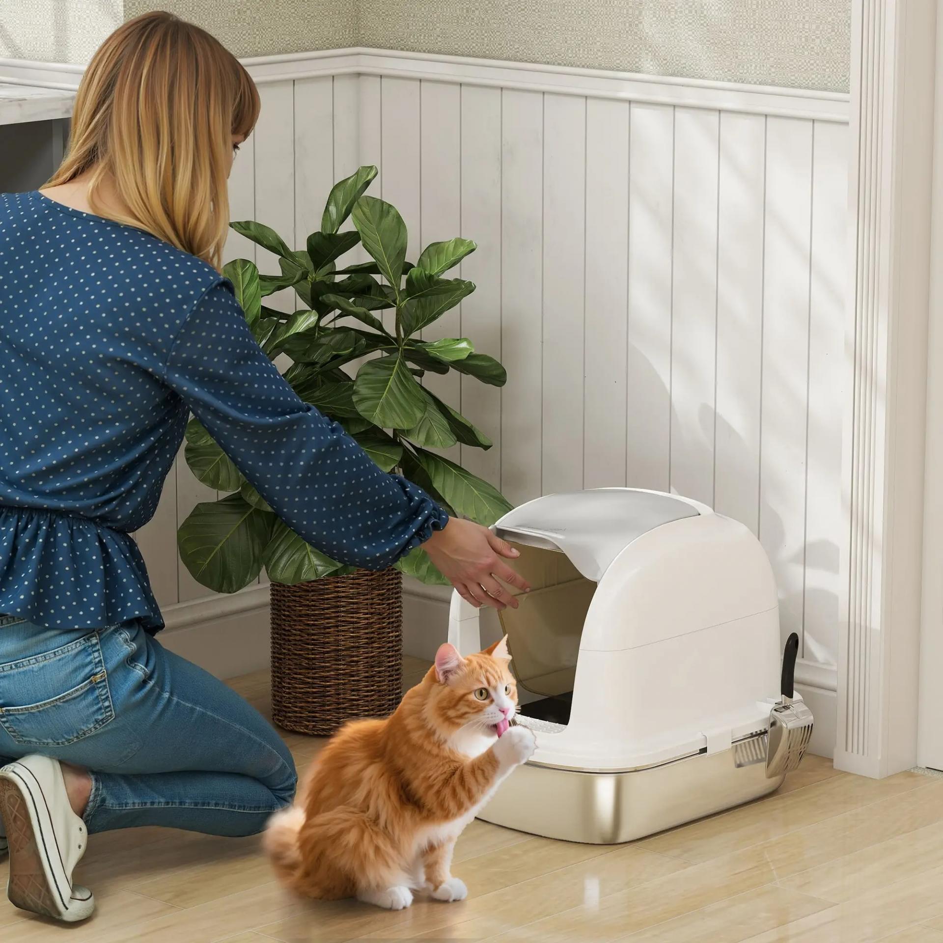 Arenero para Gatos de Acero Inoxidable XL con Tapa Abatible Laterales Altos Entrada Superior Pala Blanco