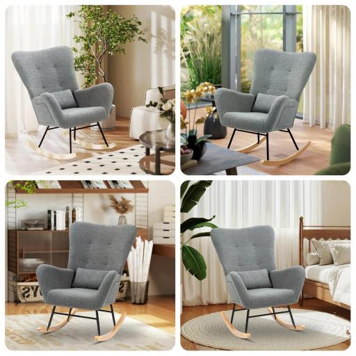 Mecedora de Borreguito con Respaldo Acolchado Almohada y Base de Madera de Caucho Carga 120 kg Gris [5]