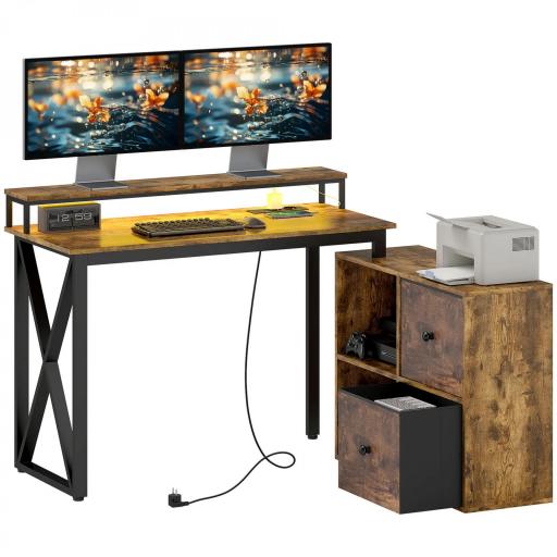 Escritorio Industrial con Luces LED y Estación de Carga con Patas Ajustables y Soporte en X 130x110x91 cm Madera Rústica [8]