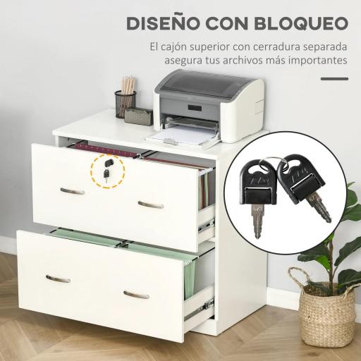 Cajonera de Oficina con 2 Cajones para Carpetas Colgantes con Cerradura y 2 Llaves 77x42x72 cm Blanco [4]